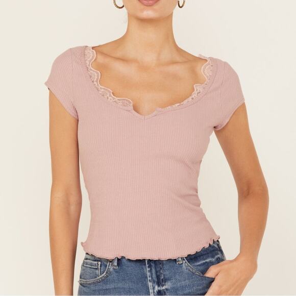 Free People Tops - Intimately Free People Lace Trim Rib Crop Top Pink Women’s Shirt Classic Twist